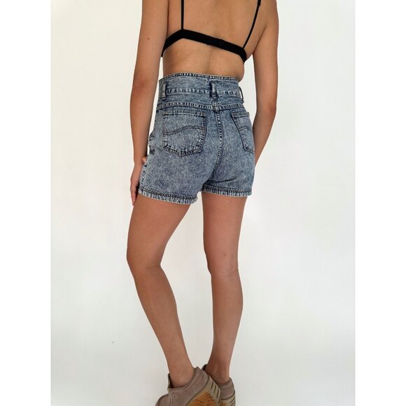 90s vintage blue acid wash denim funky fringe high waisted mini short shorts - Picture 11 of 11